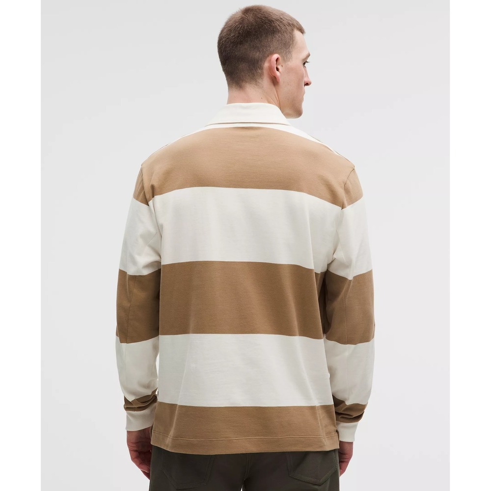 Lululemon-Long-Sleeve Cotton Rugby Shirt-Wide Stripe Camel Brown Coconut Ivory - Picture 3 of 5